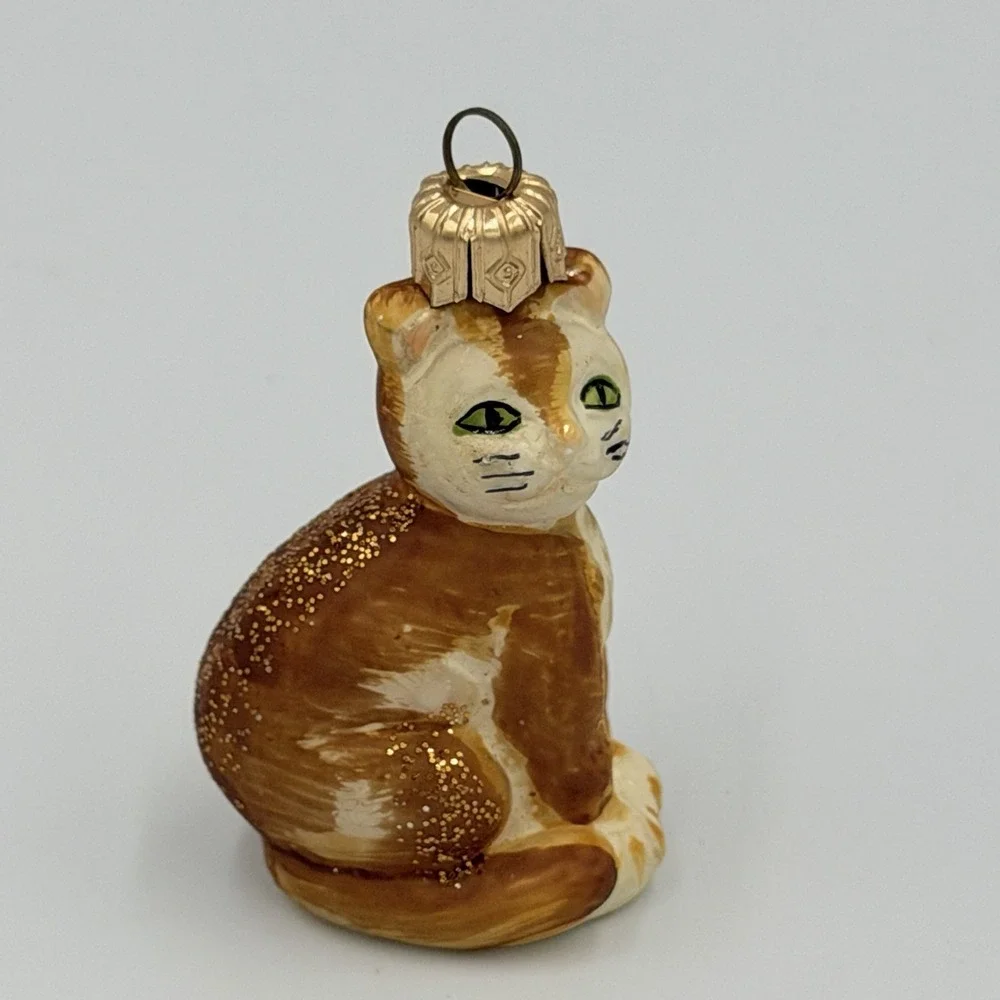 VTG Glass Cat Christmas Ornament Brown White Green Eyes Glitter Kitty 2